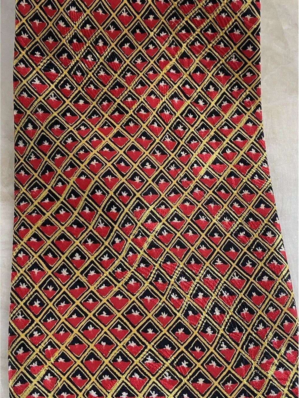 Brioni Roma Silk Tie Made in Italy Geometric Diamond Pattern Red Gold Black